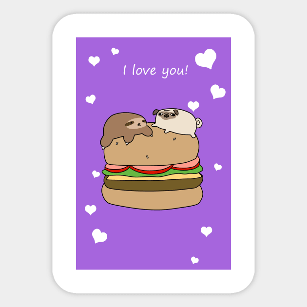 "I Love You" Sloth and Pug Burger Sticker by saradaboru